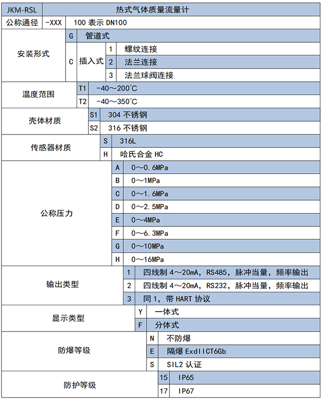 插入式熱式氣體質(zhì)量流量計選項(xiàng)表