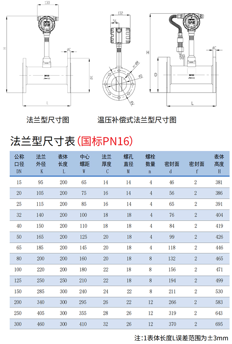 dn50蒸汽流量計(jì)法蘭式尺寸圖
